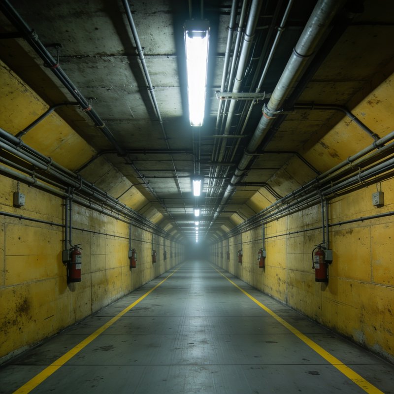 Long symmetrical underground industrial tunnel with yellow concrete walls, overhead piping, fluor...