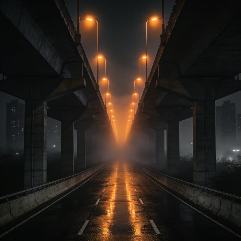 Low angle symmetrical view of empty foggy multi-level highway at night, warm streetlights glowing...