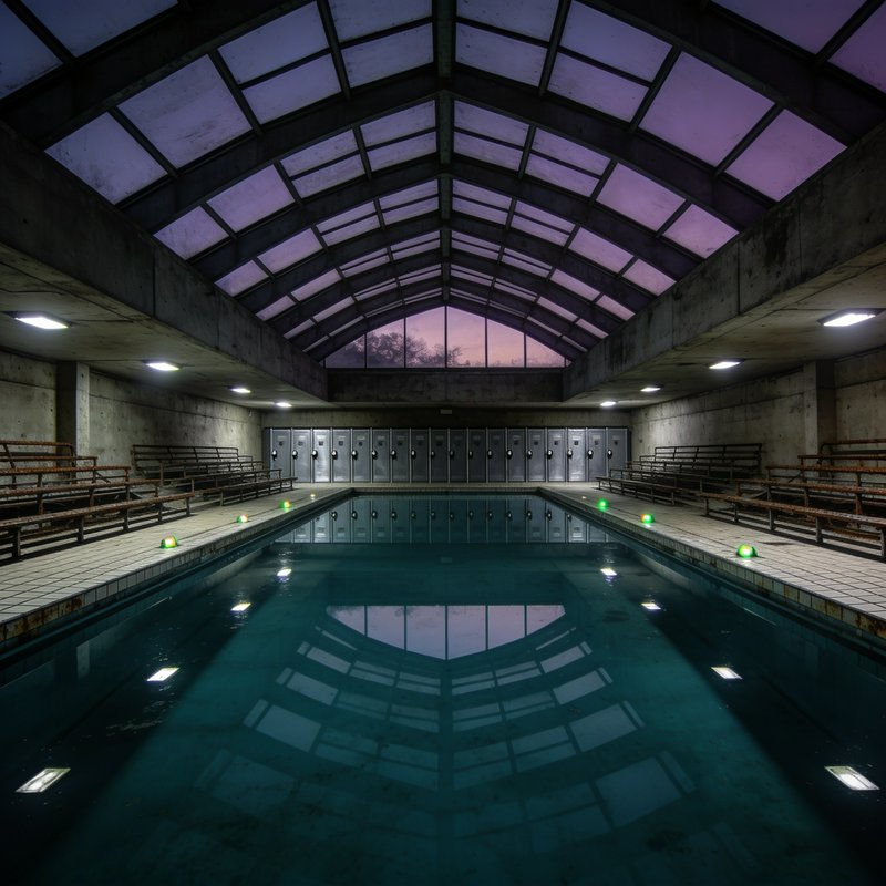 Symmetrical view of empty indoor swimming pool, vaulted glass skylight reflecting purple dusk in ...