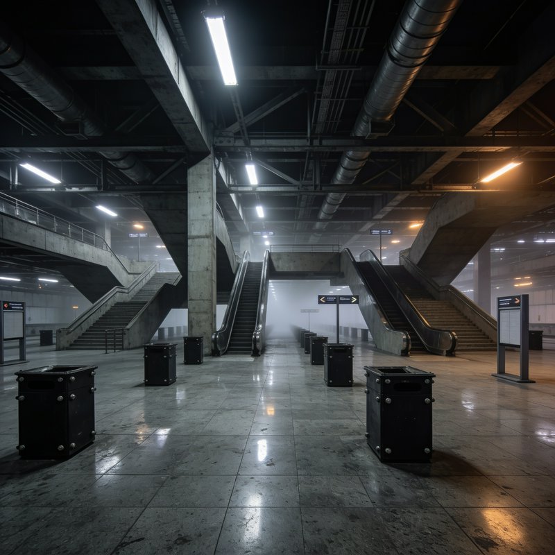 Empty foggy underground transit station with brutalist concrete escalators, wet tiled floors, and...