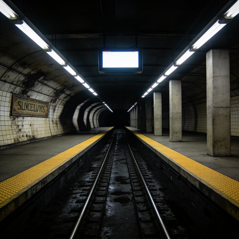 Empty underground subway station, view down wet train tracks between yellow-edged platforms towar...