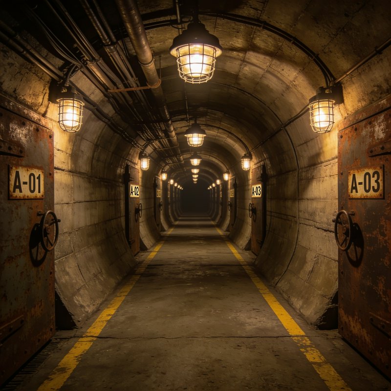 Arched concrete underground bunker corridor lined with lit industrial lamps and numbered rusted b...