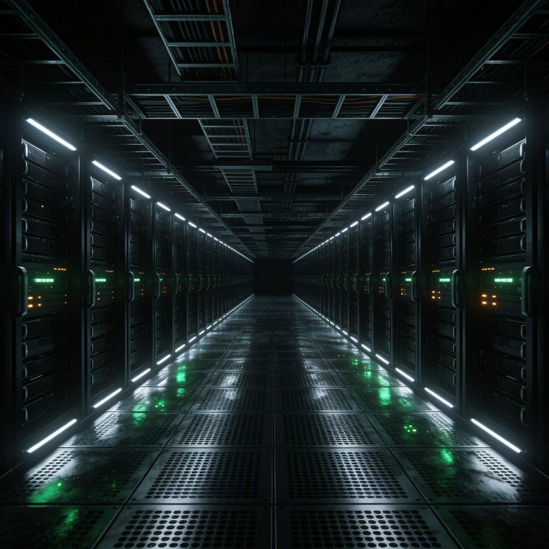 Symmetrical long data center aisle lined with lit server racks, linear LED lighting, and reflecti...