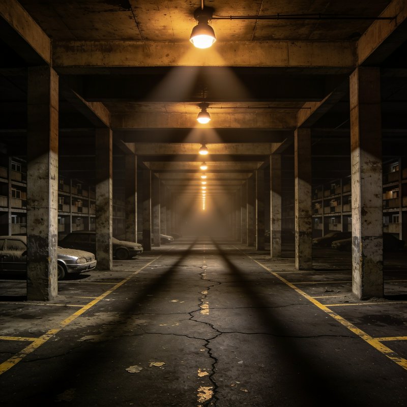 Symmetrical view down a foggy abandoned concrete parking garage lit by receding rows of warm over...