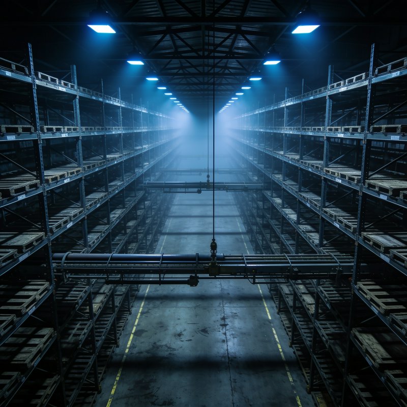 Symmetrical view down a foggy empty industrial warehouse aisle lined with tall empty metal storag...