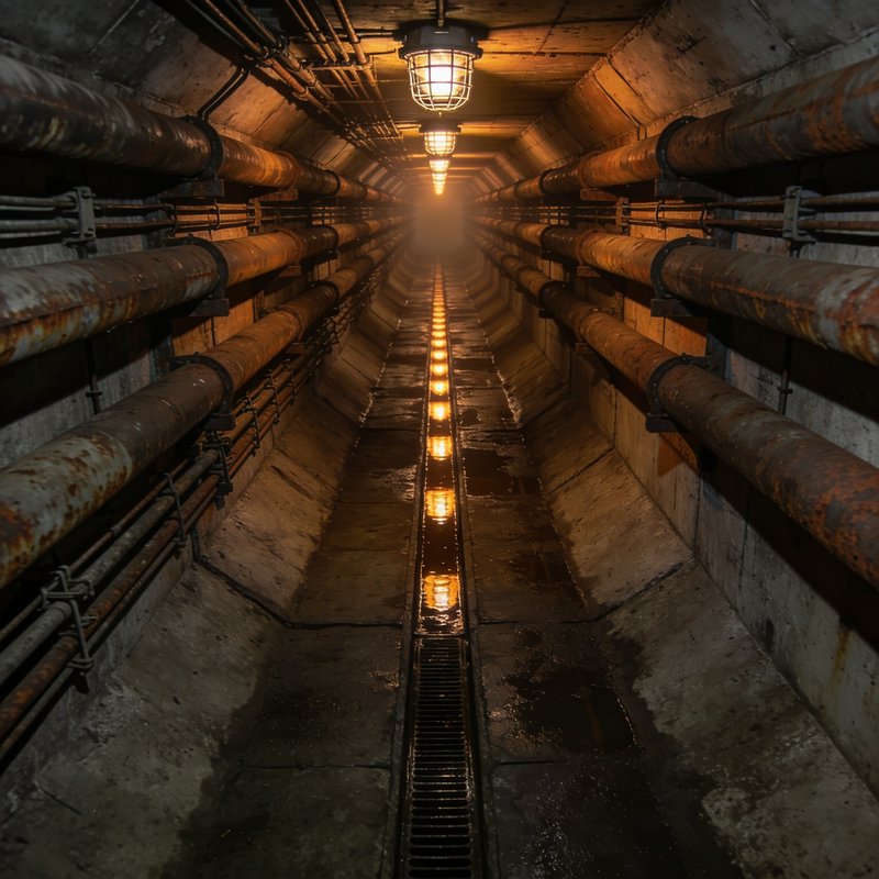 Symmetrical long view down a weathered concrete utility tunnel lined with rusted metal pipes, lit...