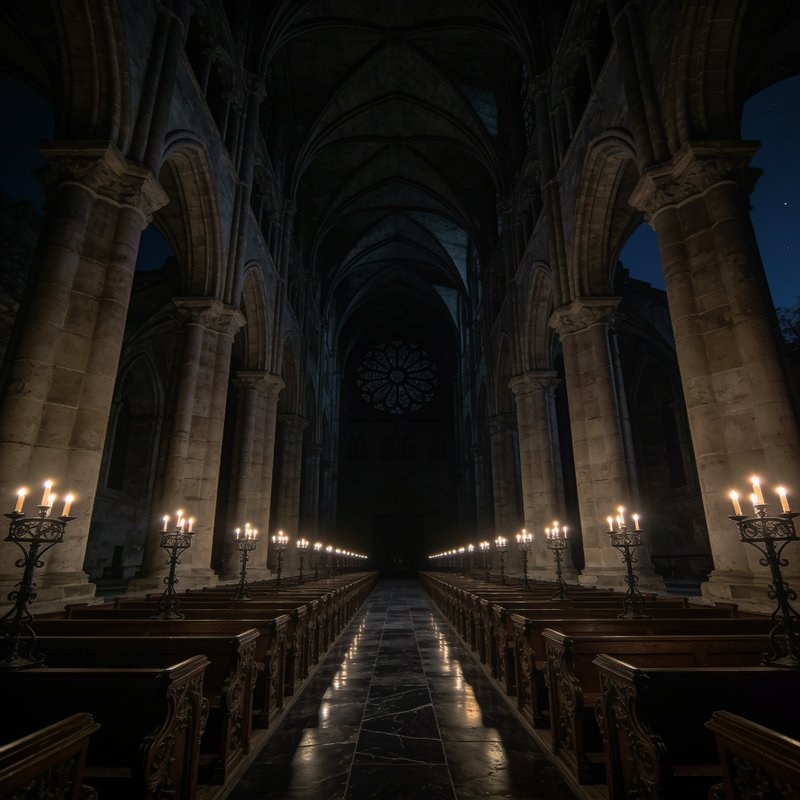 Night interior of Gothic cathedral, rows of lit candelabras lining a central aisle leading to a d...
