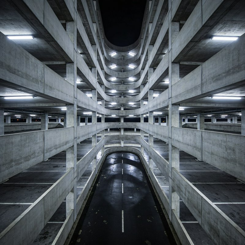 Symmetrical perspective down stacked curved ramps of an empty night-time concrete multi-story par...