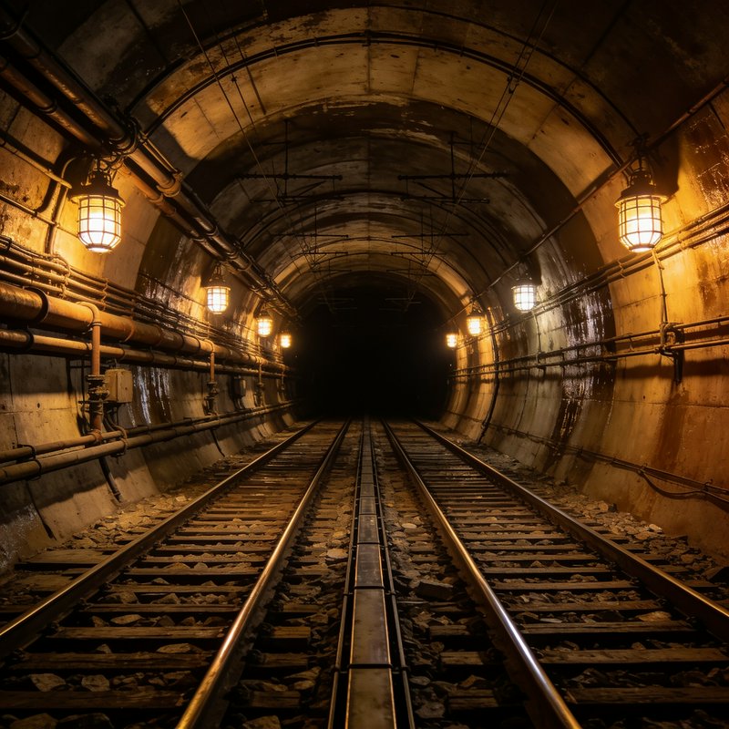Arched vintage concrete railway tunnel with train tracks receding into darkness, lit by warm hang...