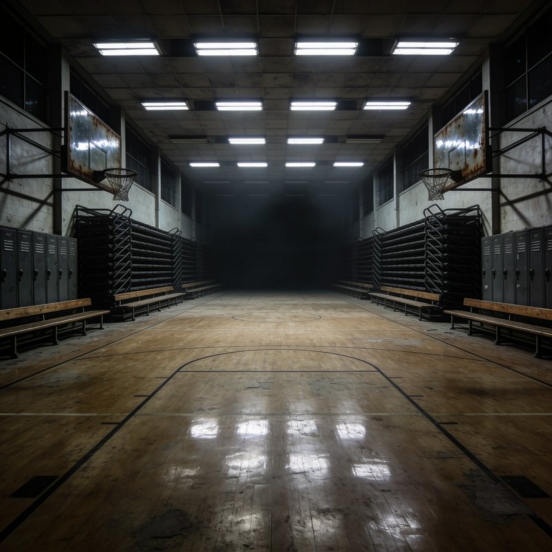 Empty worn vintage indoor basketball gym, scuffed wooden court, mounted hoops, bleachers under gl...