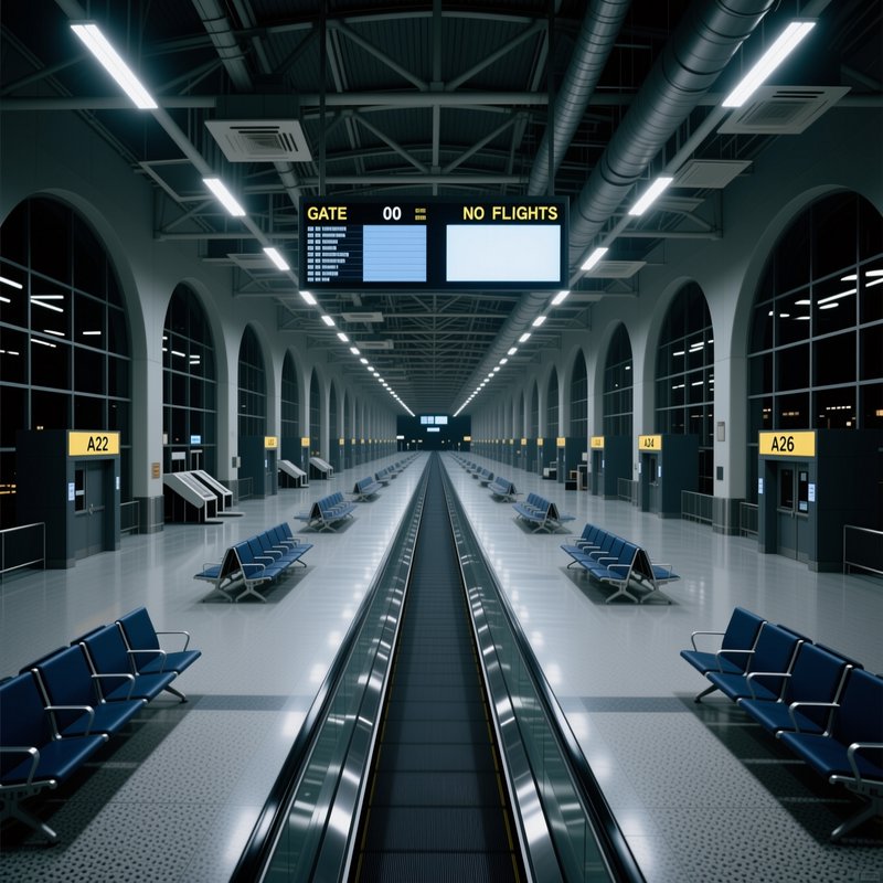 Empty spacious airport terminal with central moving walkway, overhead 'no flights' departure boar...