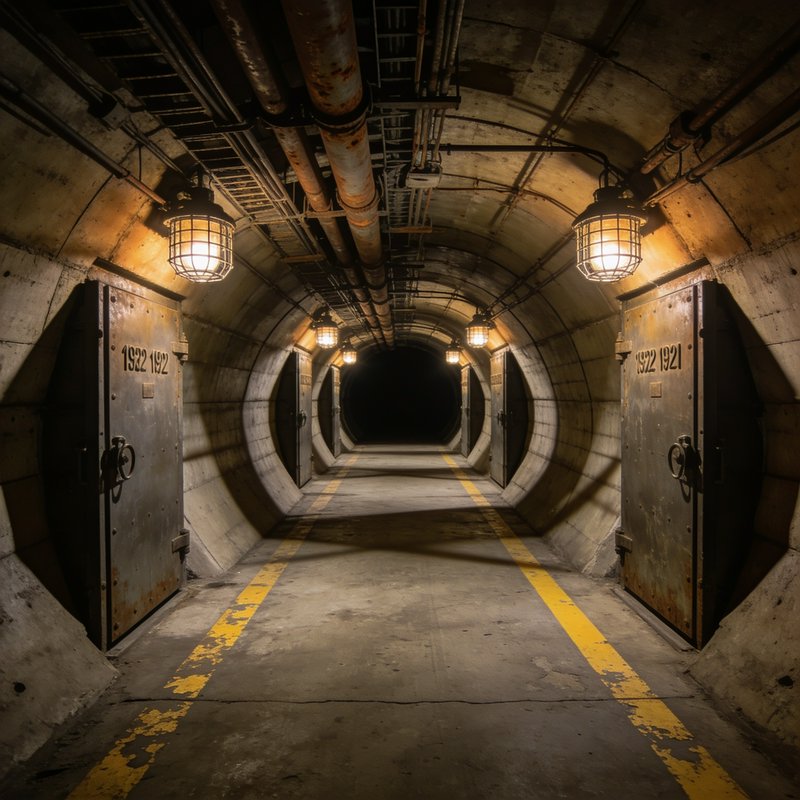 Dimly lit arched concrete industrial tunnel with vintage caged lamps, rusted blast doors, and uti...