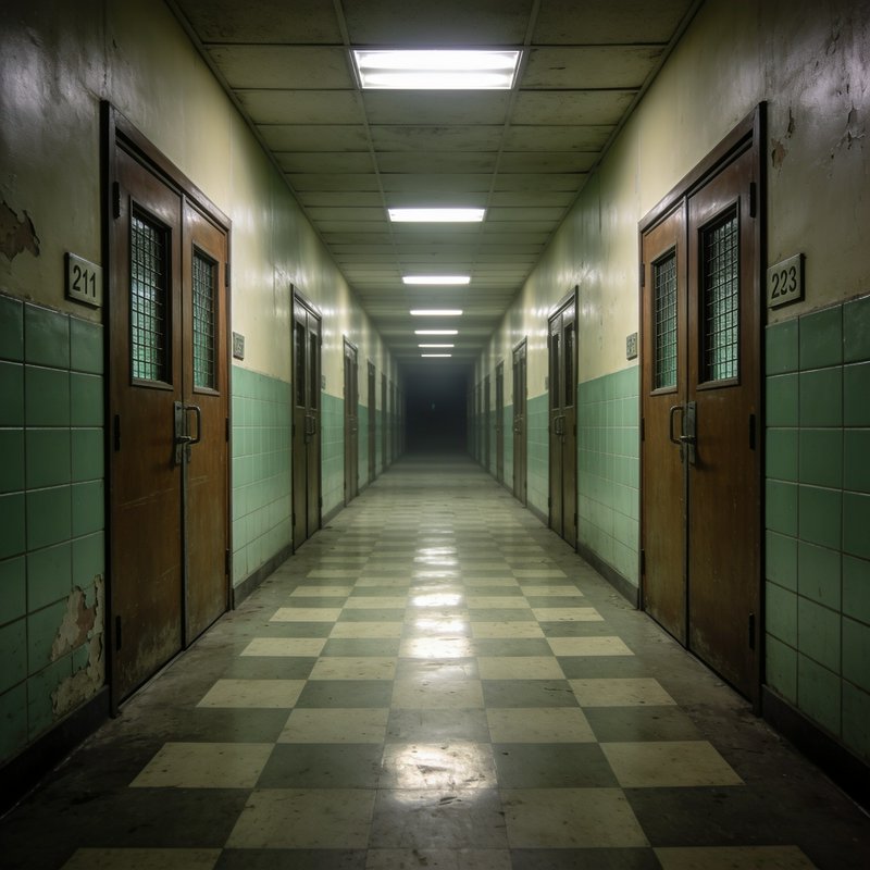 Eerie long abandoned institutional hallway with tiled walls, checkered flooring, and receding flu...