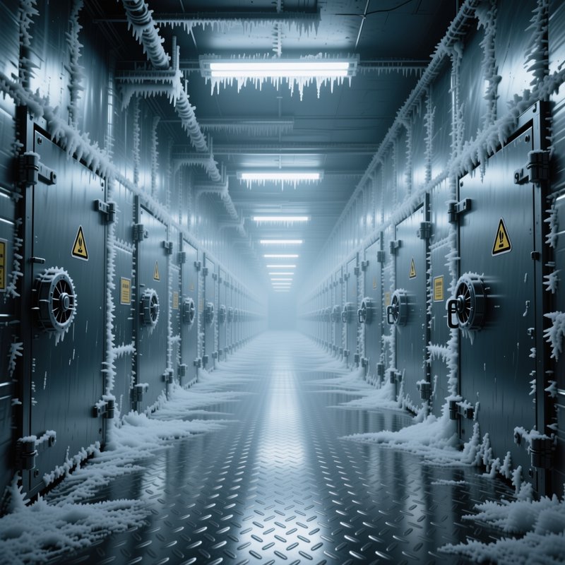 Frost-covered industrial cold storage corridor lined with sealed metal vault doors, hanging icicl...