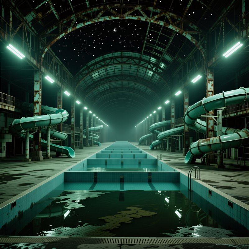 Eerie abandoned indoor water park with starry open vaulted ceiling, rusted teal slides, murky tie...
