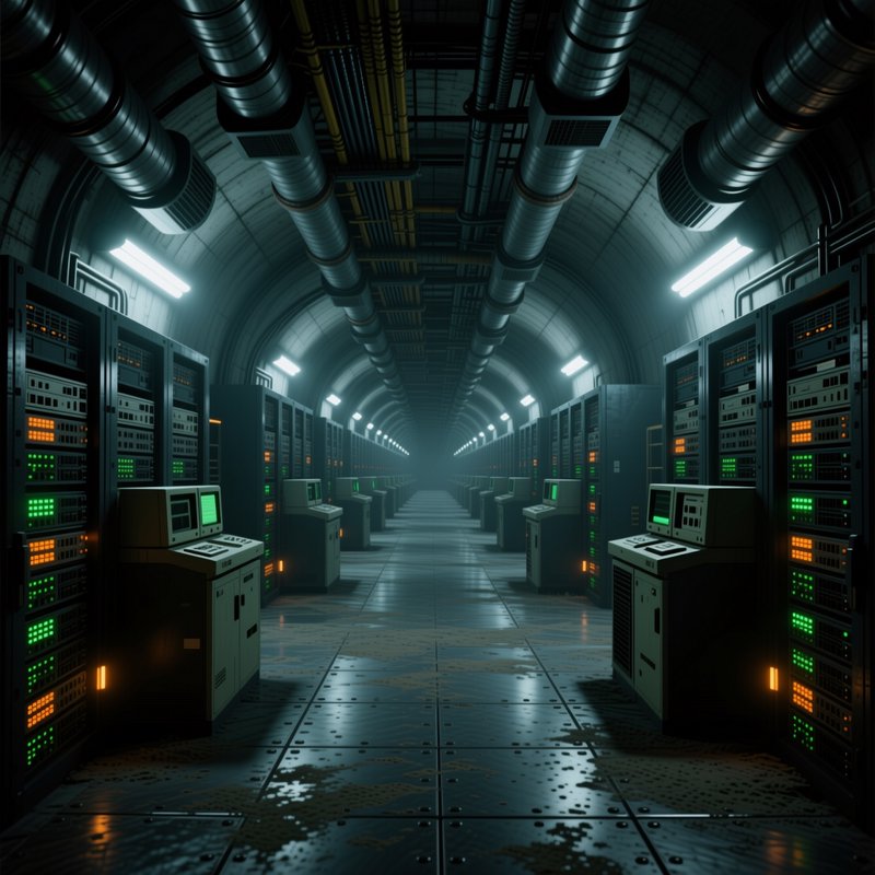 Symmetrical retro-futuristic underground server tunnel lined with glowing mainframe computers and...