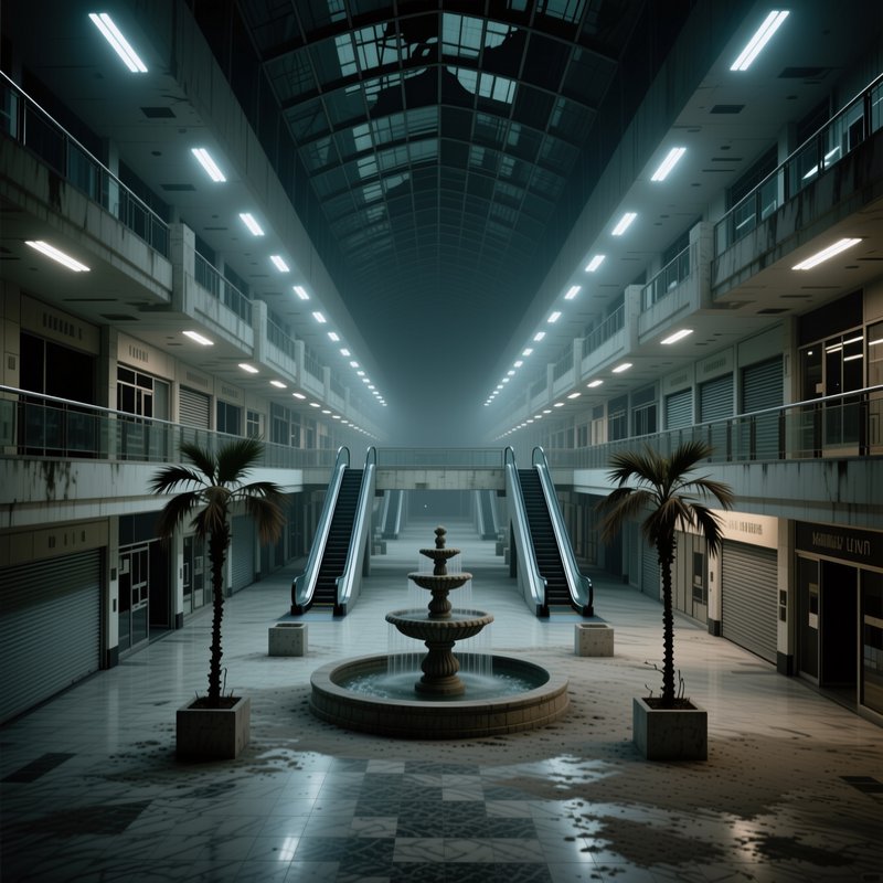 Fog-shrouded abandoned empty mall atrium with central tiered fountain, symmetric escalators, pott...