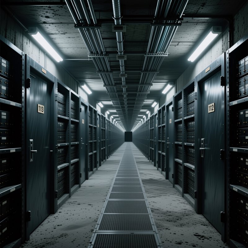Symmetrical long data center corridor lined with server racks, numbered unit doors, exposed ceili...