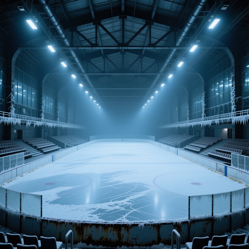 Abandoned frost-covered indoor ice hockey rink lined with icicles, empty spectator stands under c...