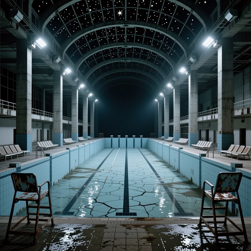 Abandoned indoor competition swimming pool with cracked shallow water, starry arched glass ceilin...