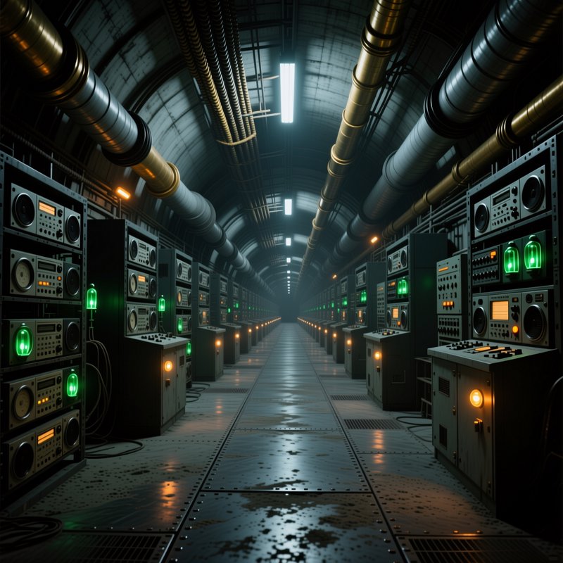 Symmetrical retro-futuristic industrial tunnel lined with analog control panels, glowing green li...