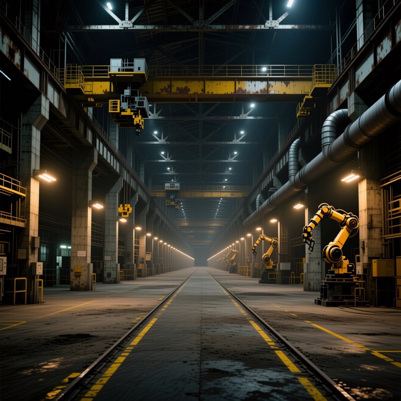 Vast empty industrial factory interior with yellow overhead cranes, robotic arms, and central rail aisle under warm
