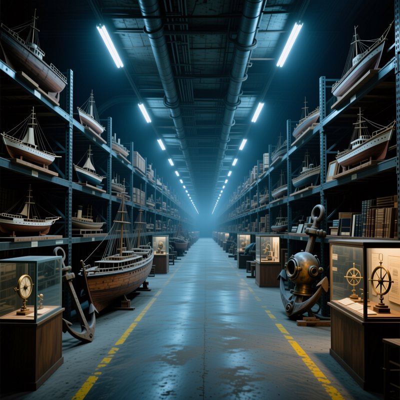 Long industrial warehouse aisle lined with shelves of model ships and vintage nautical artifacts