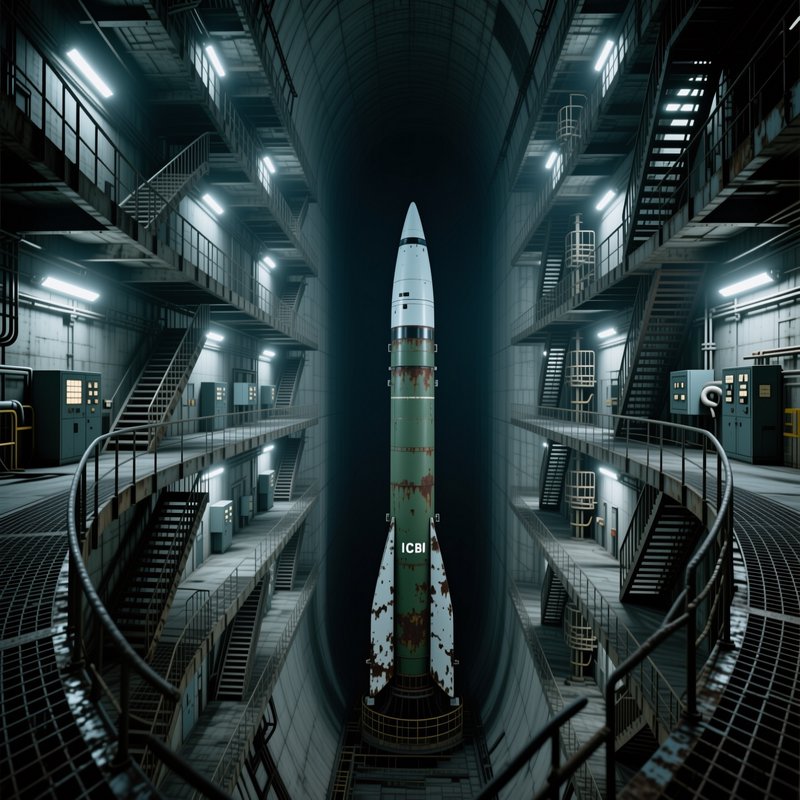 Weathered ICBM standing upright in a multi-level underground concrete missile silo