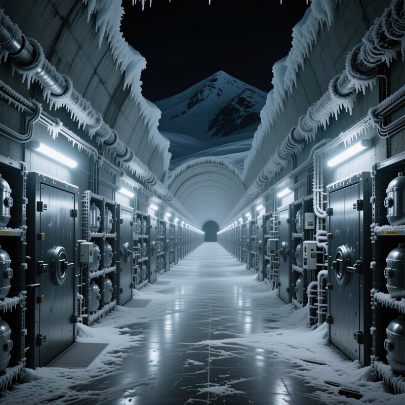 Frosted abandoned arctic bunker corridor looks out at a snow covered mountain peak at night