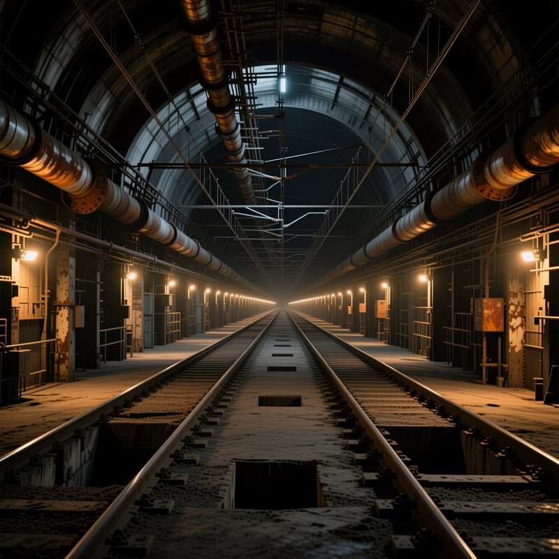 Empty industrial railway tunnel recedes into fog, flanked by warm lights and large overhead metal pipes