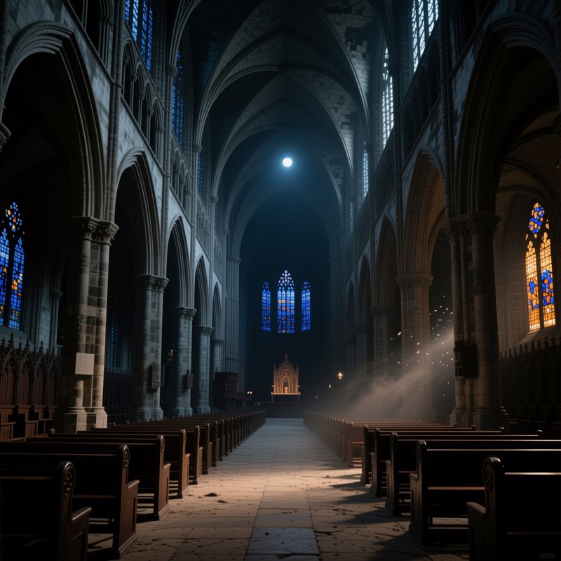 Empty gothic cathedral interior with vaulted ceilings, stained glass, and sunbeams falling across wooden pews