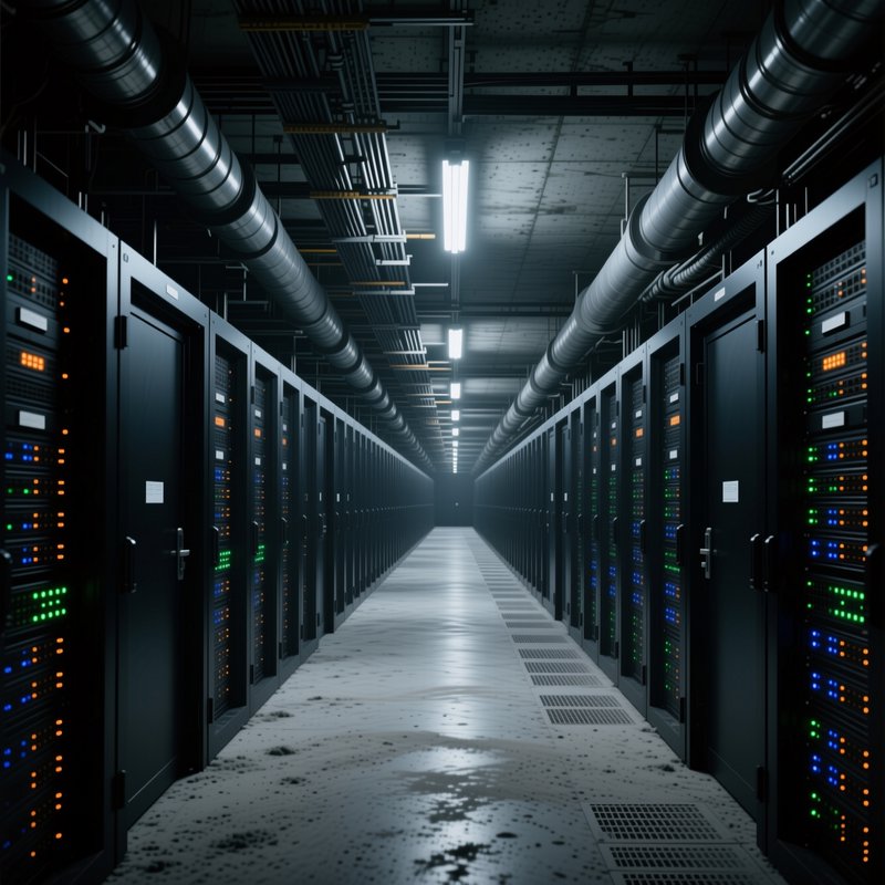 Long symmetrical corridor lined with glowing server racks inside a concrete enterprise data center
