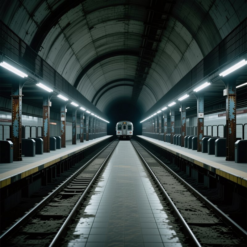 A subway train approaches from the dark tunnel of a symmetrical empty underground subway station.