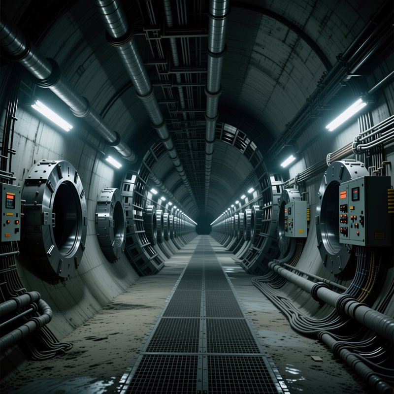 Long symmetrical futuristic industrial tunnel lined with steel airlock hatches and overhead fluorescent lights