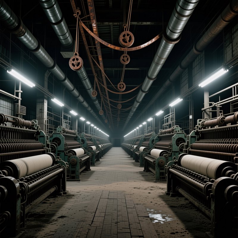 Rows of vintage textile looms line the long aisle of a dim abandoned factory interior