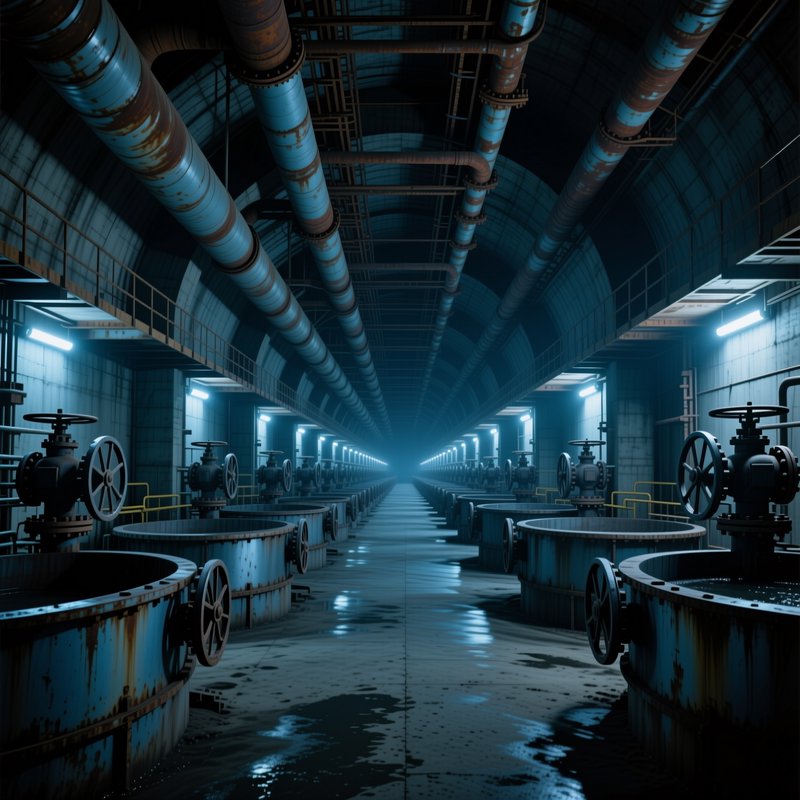 Vast arched industrial pipeline tunnel lined with rusted process valves stretches into cool hazy ...