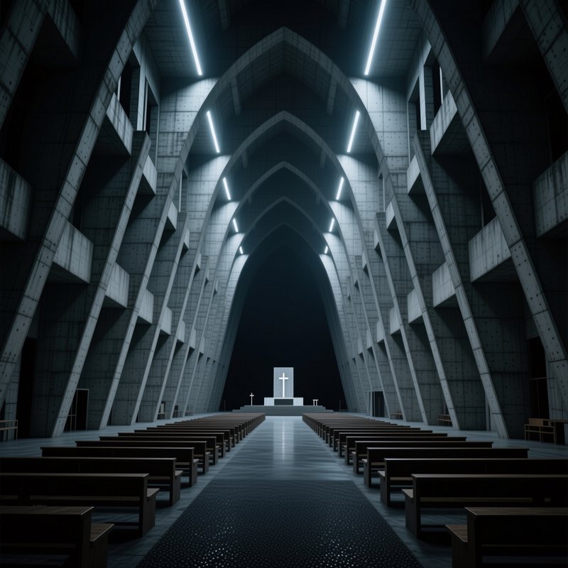 Brutalist concrete church interior with linear LED lighting and altar at the far end