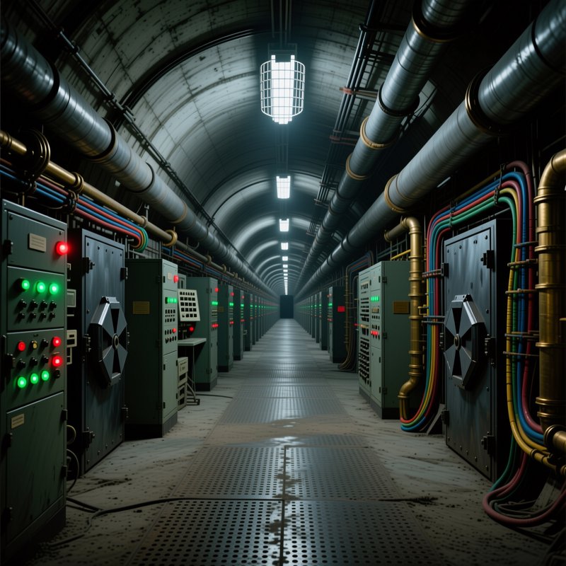 Long arched industrial bunker corridor lined with control panels, pipes, and overhead cage lighting