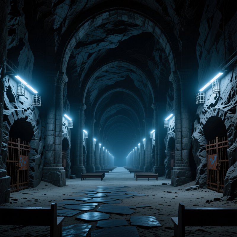 Long vaulted underground prison corridor lit by cool blue neon lights stretching into hazy distant fog