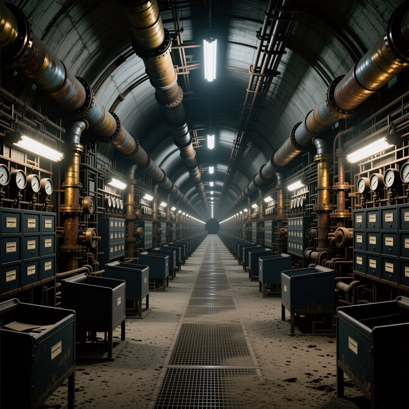 Symmetrical arched industrial tunnel lined with brass pipework, pressure gauges, and glowing fluo...