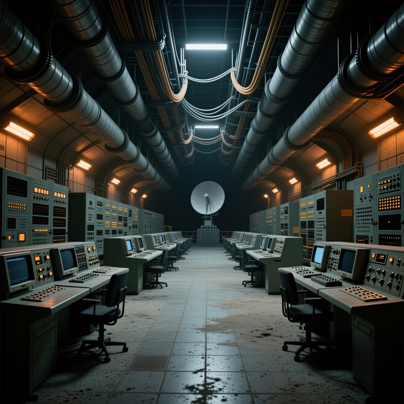 Symmetrical retro-futuristic underground control room lined with vintage mainframes and a distant satellite dish