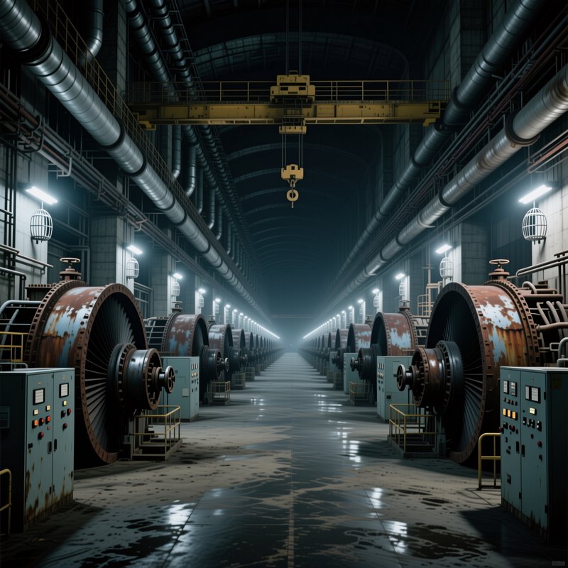 Rows of rusted industrial turbine generators fill a vast symmetric empty power plant hall with ov...