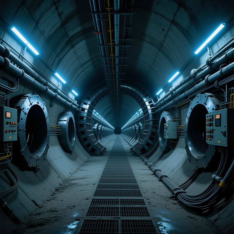 Symmetrical sci-fi industrial tunnel lined with heavy machinery and cool blue overhead lighting stretching into the distance