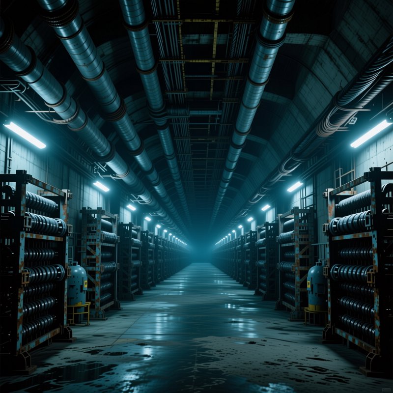Long industrial underground corridor lined with equipment racks and overhead pipes lit by cool blue fluorescent lights