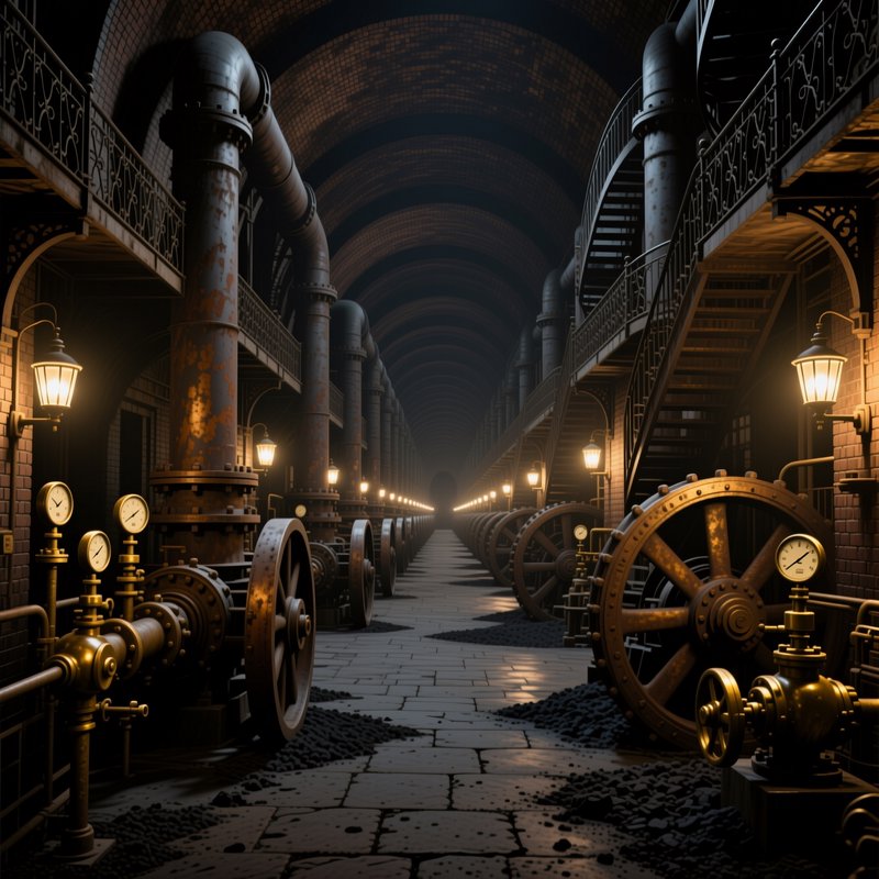 Vast steampunk industrial tunnel lined with rusted pipes, brass valves, and glowing vintage wall lanterns