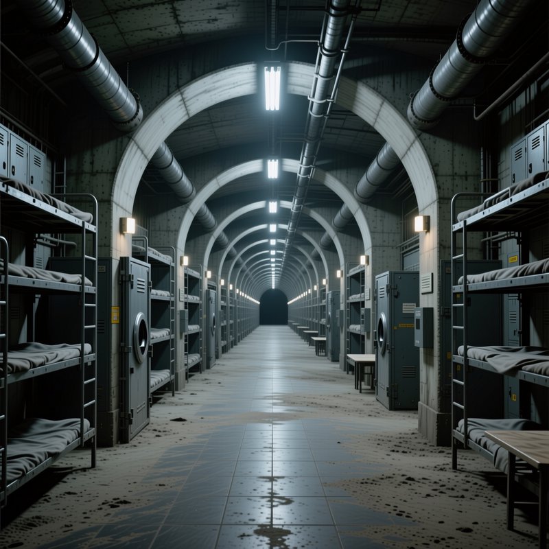 Long arched underground bunker dormitory lined with metal bunk beds, lockers and overhead fluores...