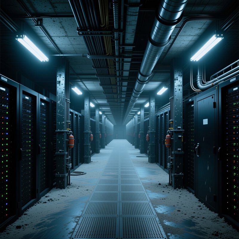 Long dimly lit data center corridor flanked by rows of server racks and exposed overhead piping