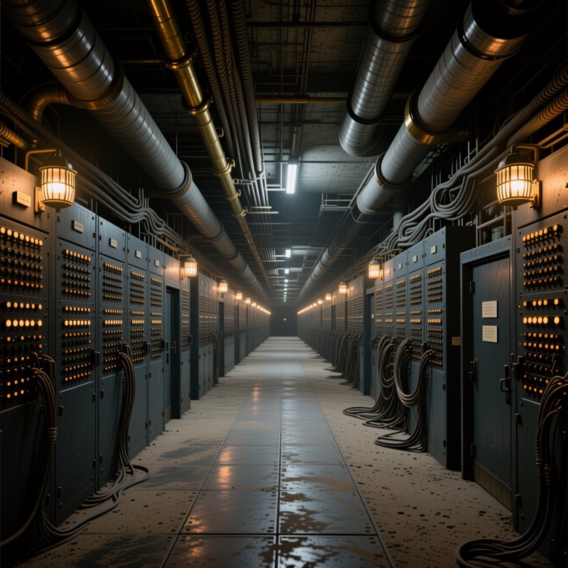 Long symmetrical vintage mainframe corridor lined with glowing control panels and industrial overhead piping