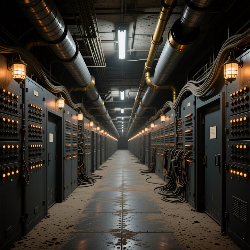 Symmetric long corridor lined with vintage mainframe computers in a retro-futuristic industrial server room