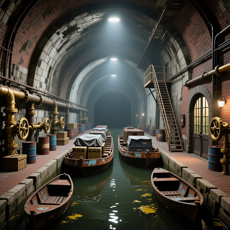 Industrial underground brick canal tunnel lined with moored wooden cargo boats and brass pipework
